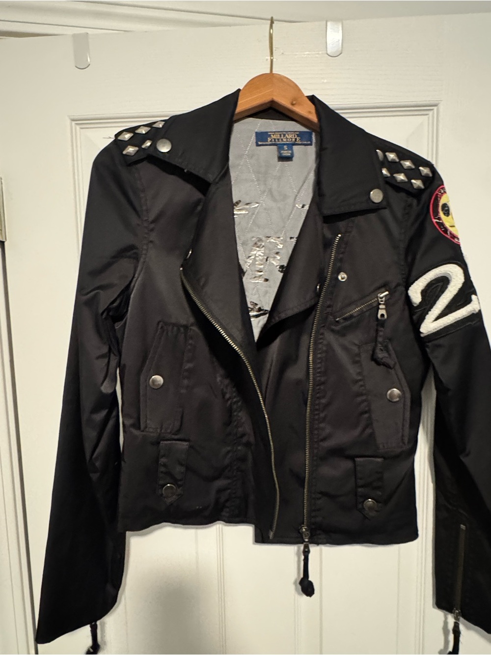 Millard Fillmore Black Studded Varsity Bomber Jacket with Patch